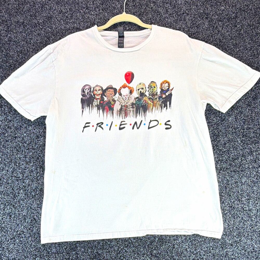 Gildan Men's White Horror Friends Graphic Crew Neck Short Sleeve Cotton Knit L